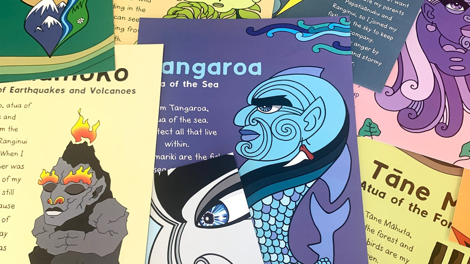 Collection of colourful cards of Nga Atua o Aotearoa