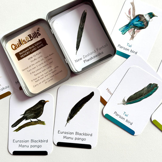 Bird-themed memory game with cards and tin